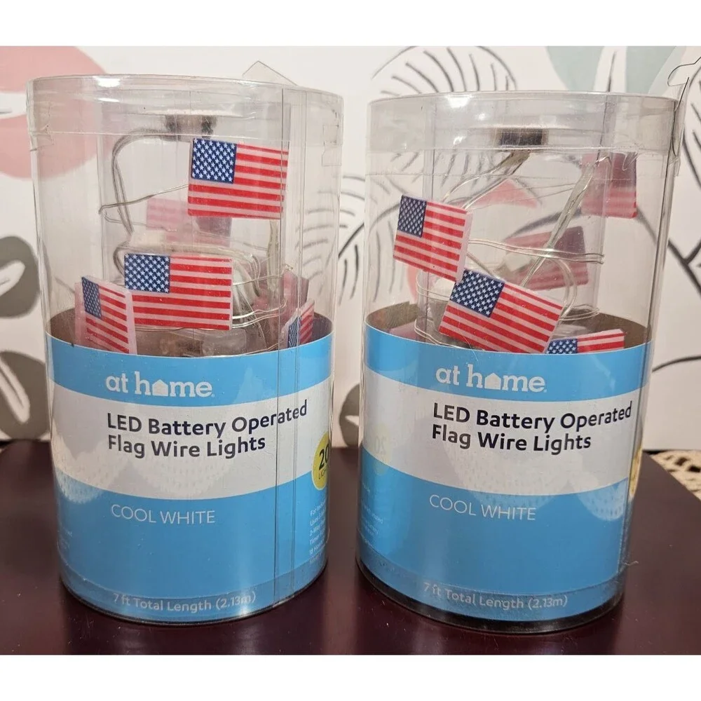 NIB Pair of Patriotic American Flag 7' String LED Lights Cool White Battery Oper